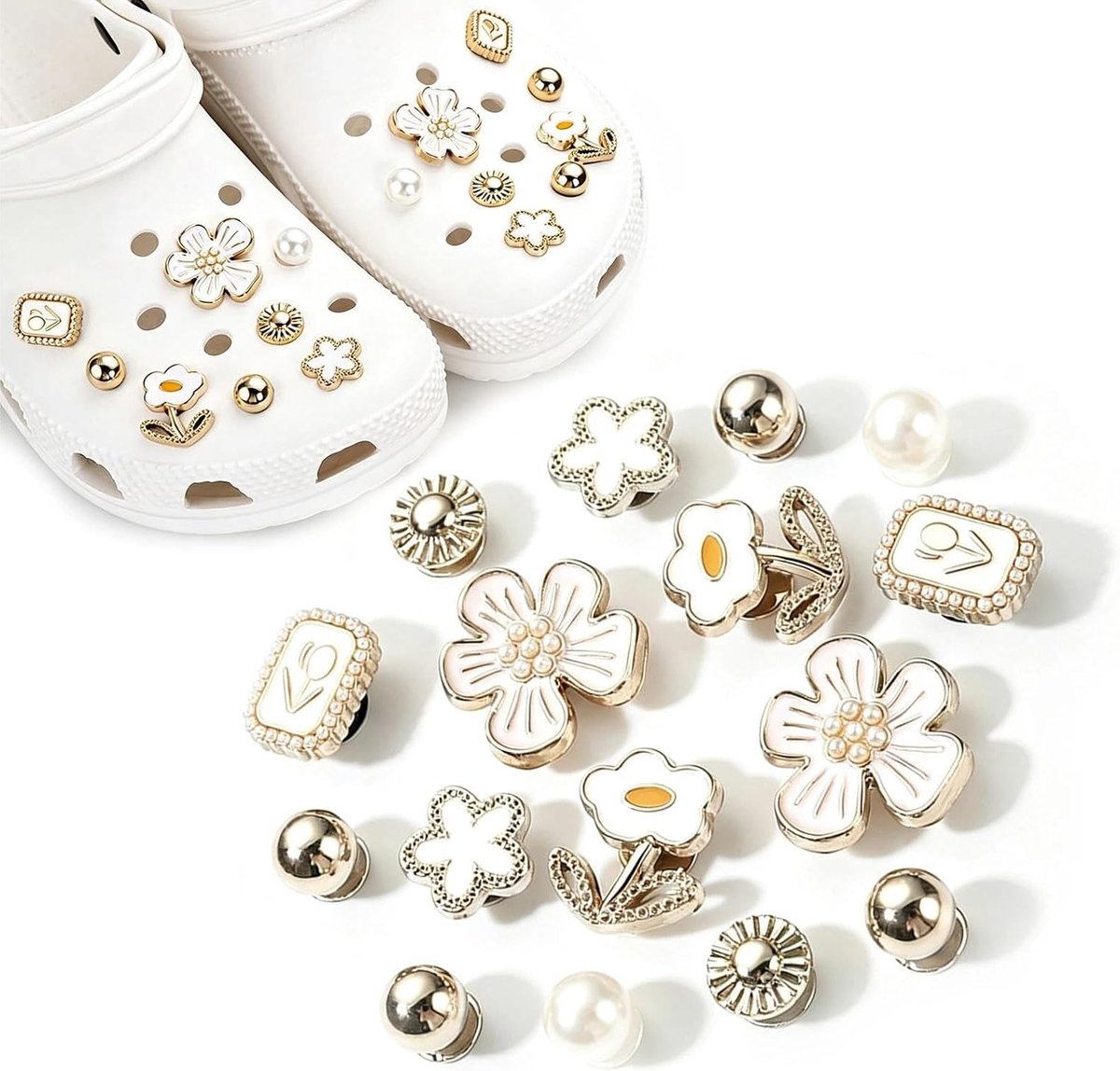Bedels, bloemen, parels, schoensieraden, schoenbedels