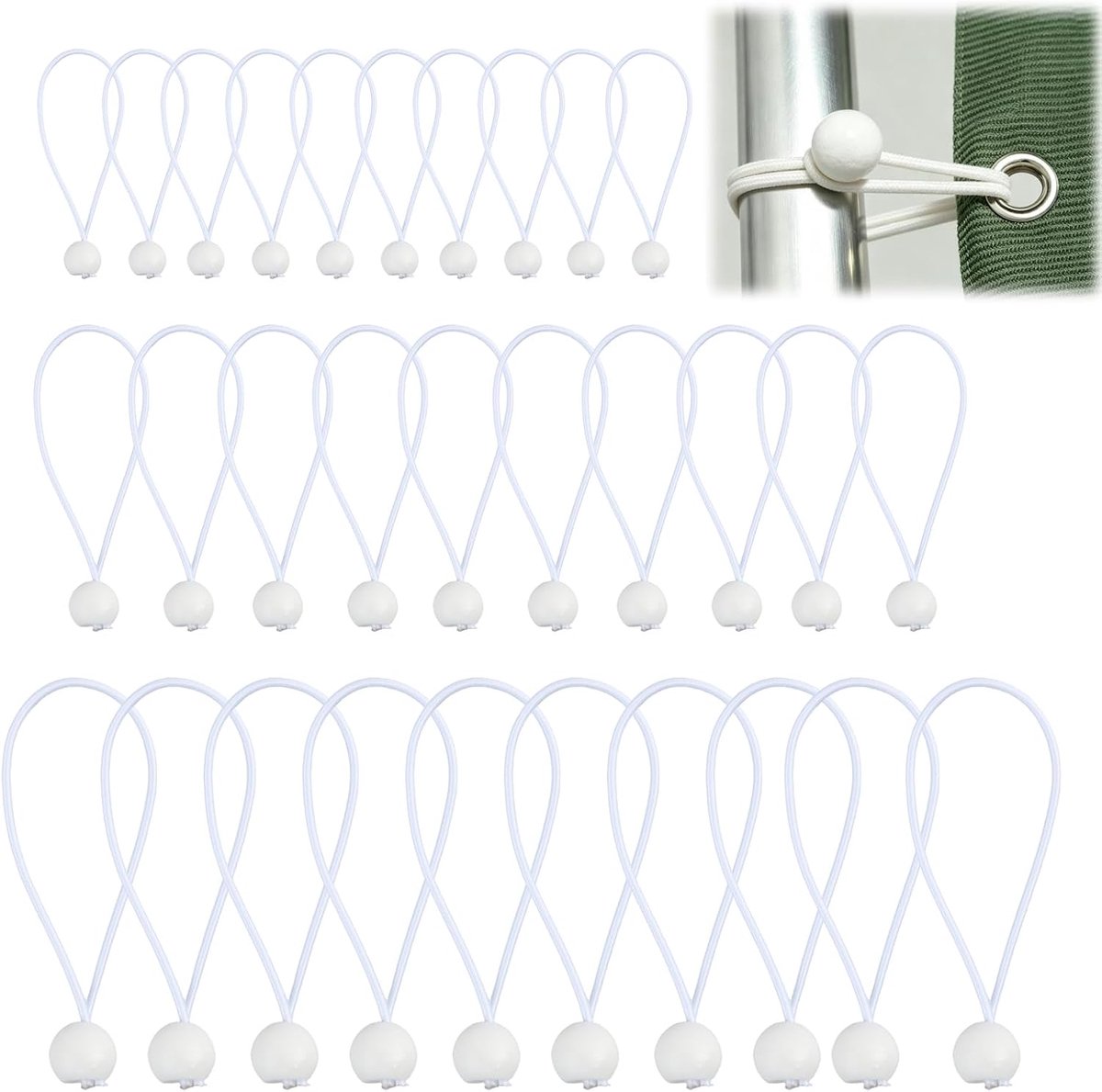 Set van 30 elastische spanbanden met rubberen bal - 10/15/20 cm - ideale accessoires voor het bevestigen van dekzeilen, posters, tenten, banners en paviljoens (wit)