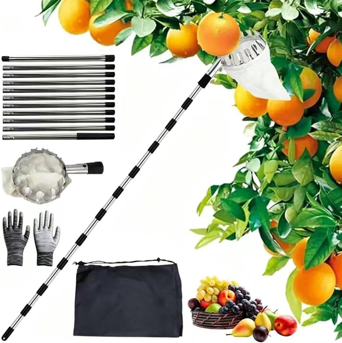 Fruitplukker met telescopische steel 4,25 m, appelplukker, diameter 16 cm