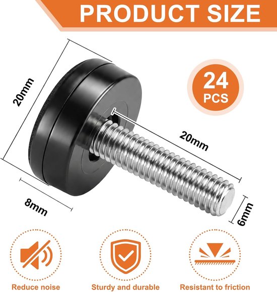 24 stuks M6 viltglijders, 20 mm, stoelglijders, meubelpoten met — afbeelding 2