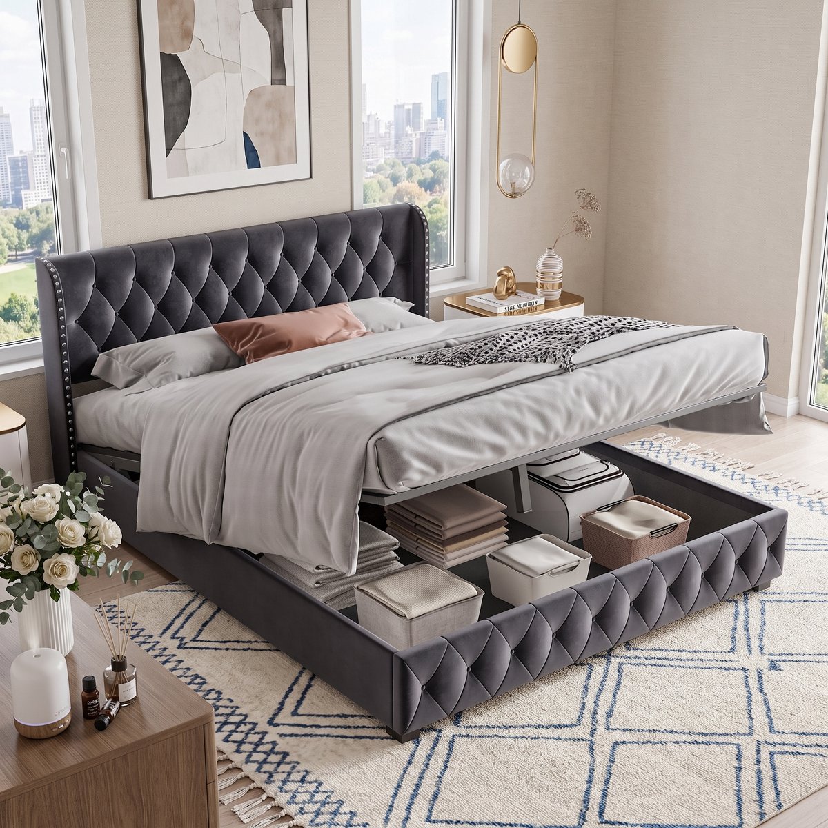 Opbergbed 140x190 cm, Tweepersoonsbed met opbergruimte, Gestoffeerd hoofdbord, bedframe 140x190 met lattenbodem, voor tieners en volwassenen, fluweel Grijs