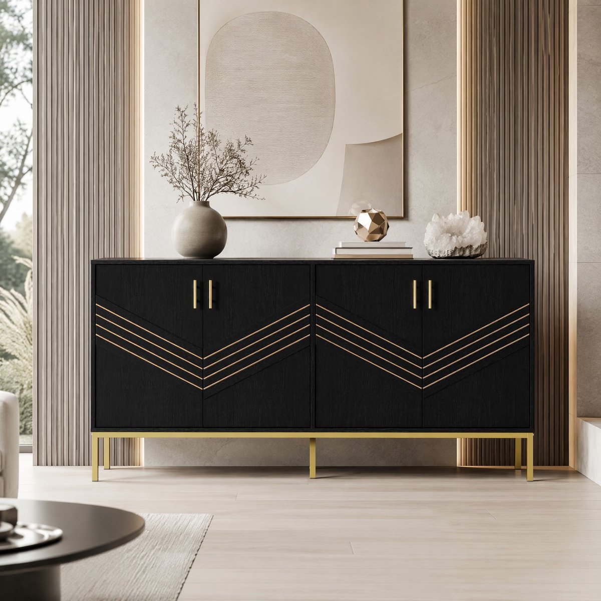 WUVRIE Dressoir 160x40x80,5 cm - 4 deuren, verstelbare planken en metalen poten - Zwart/houtkleur/goud