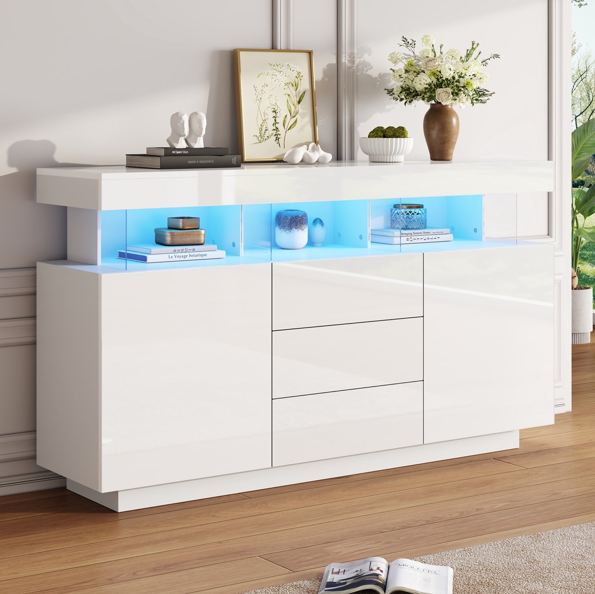 WUVRIE Dressoir 140x35x80 cm - 3 lades, 2 deuren en LED-verlichting - Wit hoogglans