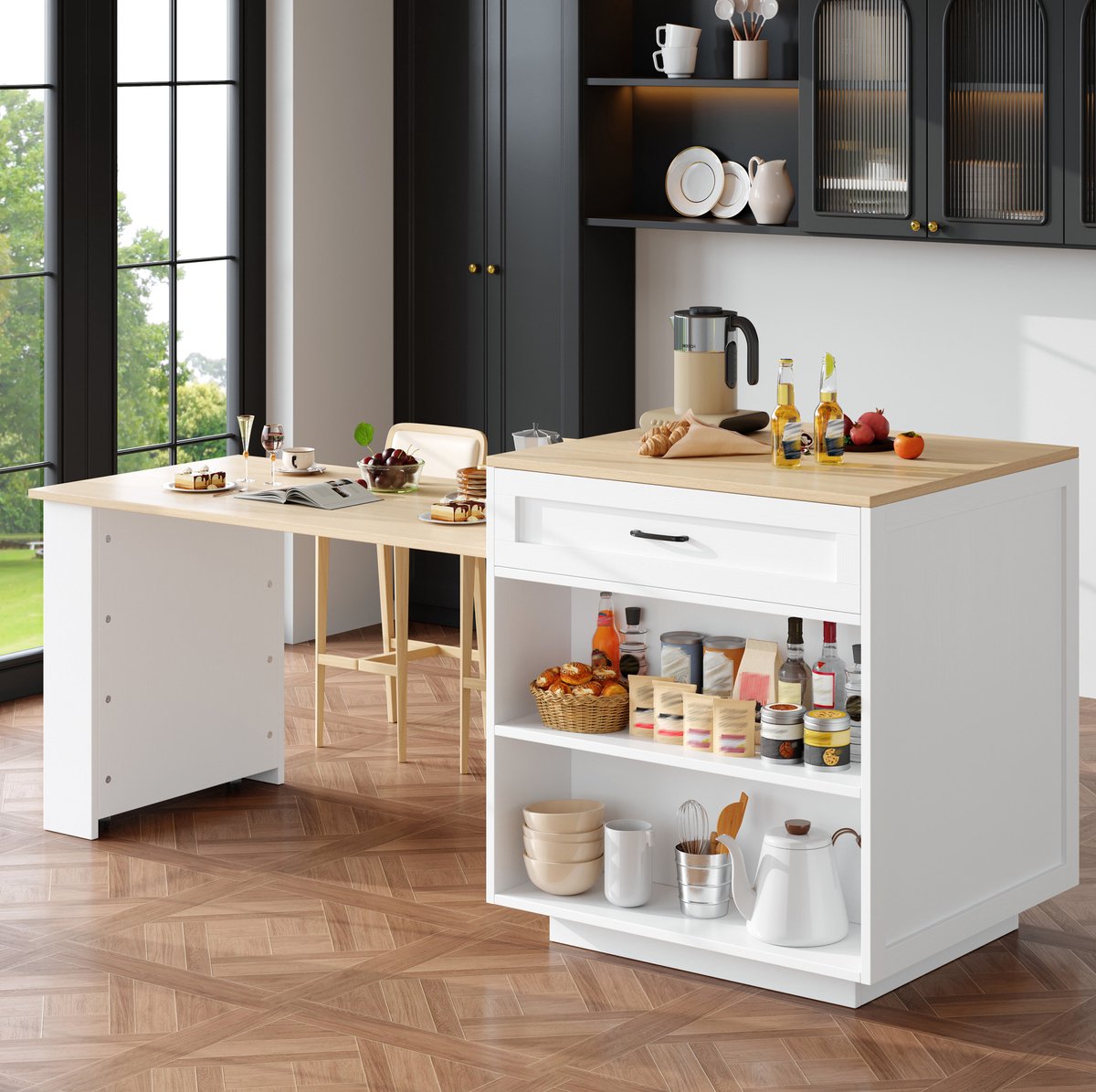 WUVRIE Uitschuifbare bartafel 133-202x70x93,5 cm - 2 lades en 4 vakken - Wit