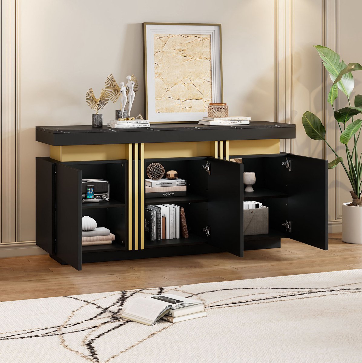 WUVRIE Dressoir 140x38x70 cm - 3 deuren, 6 vakken en verstelbare planken - Zwart/goud