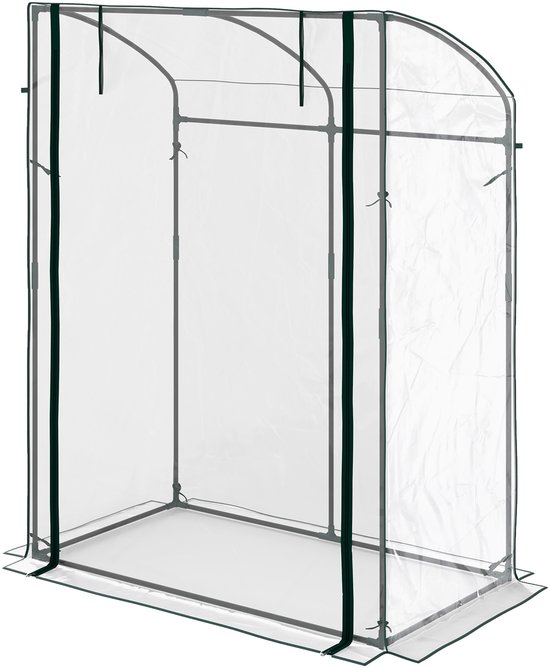 Grote transparante kas met groen stalen frame, gebogen dak en ritssluiting.