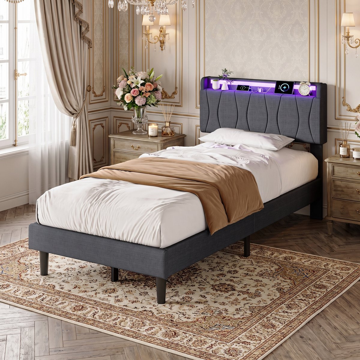 Eenpersoonsbed 90×200 cm, met opbergruimte in het hoofdeinde, gestoffeerd bed met led-lichtstrip en usb-oplaadpoort, bedframe met lattenbodem, linnen DonkerGrijs
