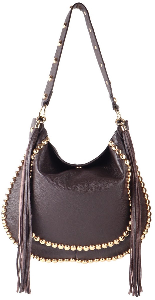 Damestas - Coacha - Bruin - Leer - 41cm x36cm - Hobotas - Echt leer - Studs - Franjes - Rits en vakken