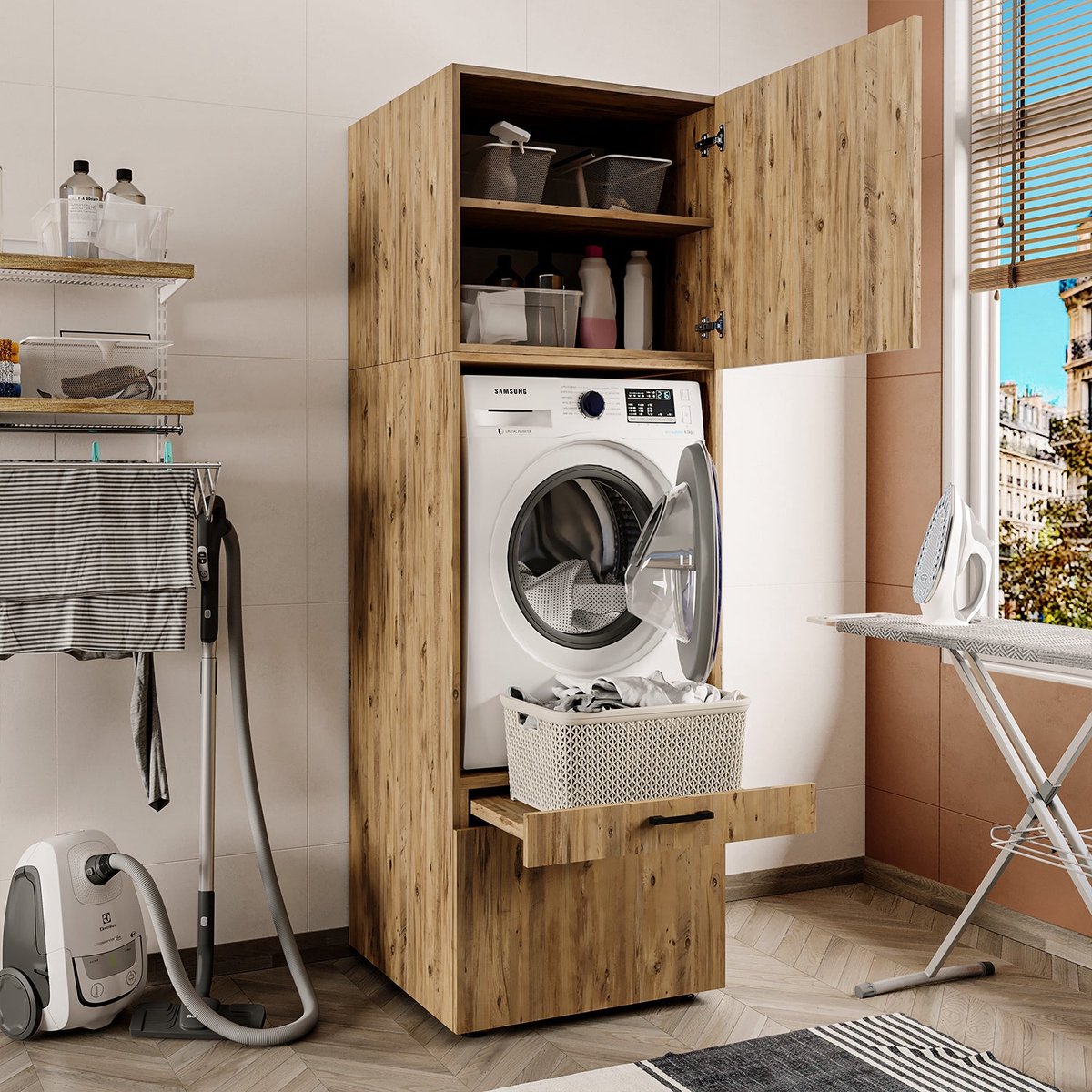 Roomart SERIE 2 Wasmachine Ombouwkast 67x205 cm - met Opzetkast - Eiken