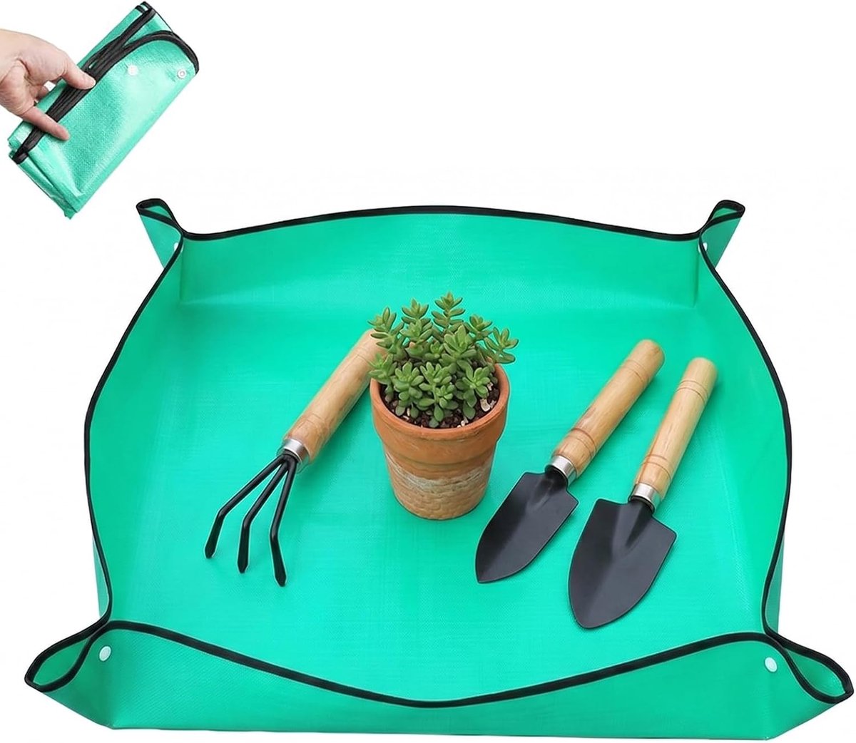 1 tuinmat 50 x 50 cm waterdicht van PE met 3 tuingereedschap (2 schoppen + 1 handhark) – opvouwbaar, vuilafstotend - ShopVlot