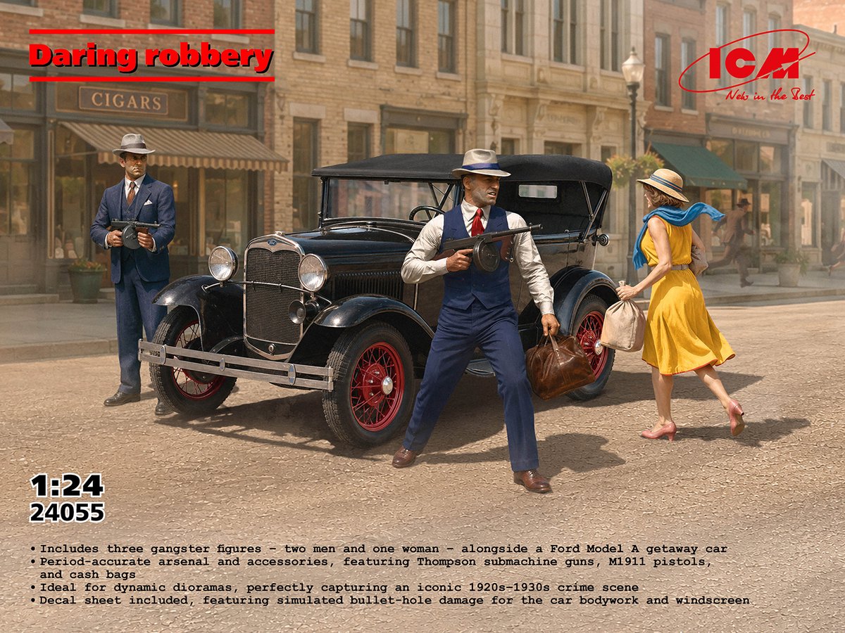ICM Modelbouwpakket Auto - 24055 Daring Robbery - Ford Model A Vluchtauto met 3 Gangsterfiguren Plastic - 1:24 - Modelbouw