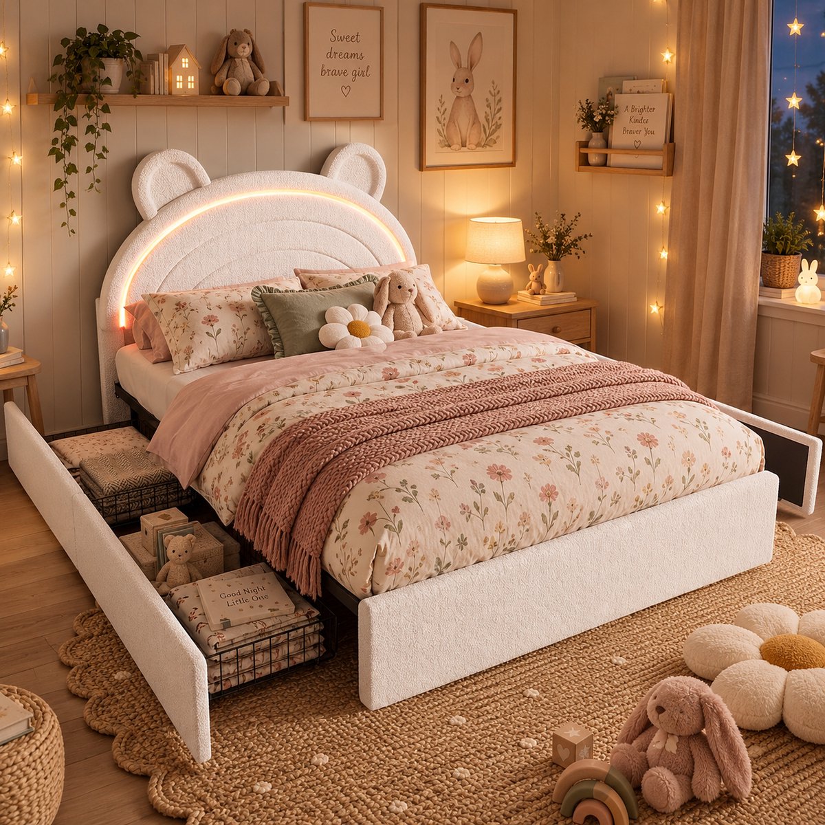 Welltin Kinderbed 90x200 cm - Eenpersoonsbed - Gestoffeerd bed - Opbergbed - Multifunctioneel bed - Met hoofdbord - Met 4 lades - Met led-lichtstrip - Met opbergvak - Flueel - Stevige constructie - Beige roze