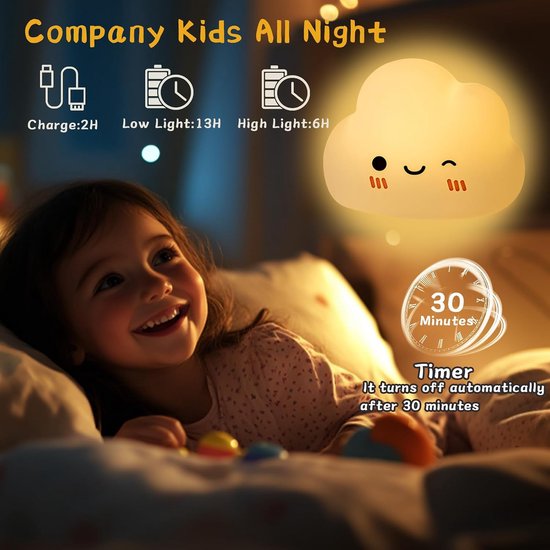 1 stuk-Nachtlampje in de vorm van een wolk-Verlichting voor de babykamer-Oplaadbaar nachtlampje voor baby's-Aan/uit door aan te tikken-Sfeerverlichting-Siliconen nachtlampje-5 helderheidsniveaus-Timer van 30 minuten-Slaapmaatje-Wit — afbeelding 5