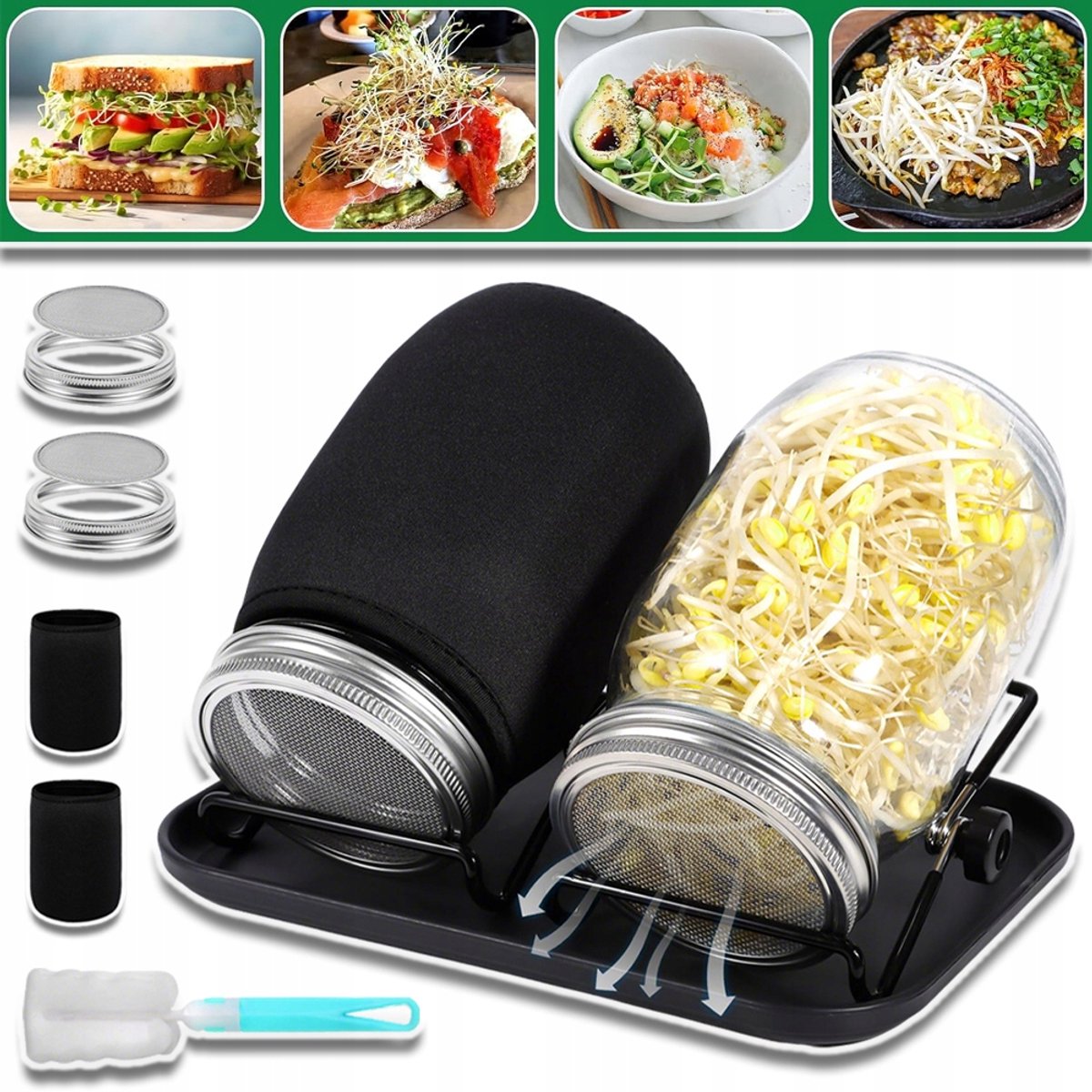 Kiemglas met Zeefdeksel Verstelbare Standaard - 1000ml Glazen Kiem Pot voor Kiemgroenten - RVS Deksel Verduisteringshoes Wetenschappelijk Ontwerp - Perfect voor Superfood Gezonde Voeding