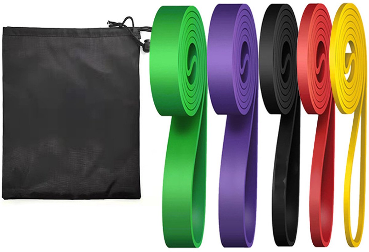 Weerstandsbanden voor CrossFit, Powerlifting en Thuisworkouts - Booty Band - Set van 5 Fitness Elastieken - 5 Verschillende Weerstanden - Extra Sterk tot 18 kg - Inclusief Opbergzakje