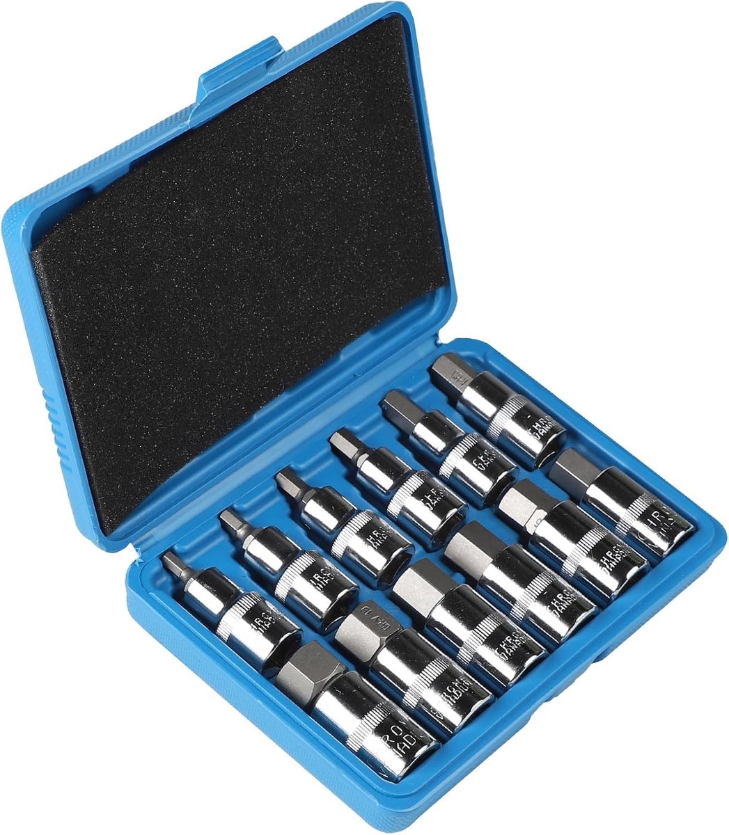 Set van 12 zeskantmoeren 1/2 inch met opbergdoos, maten 5 tot 22 mm voor diverse toepassingen