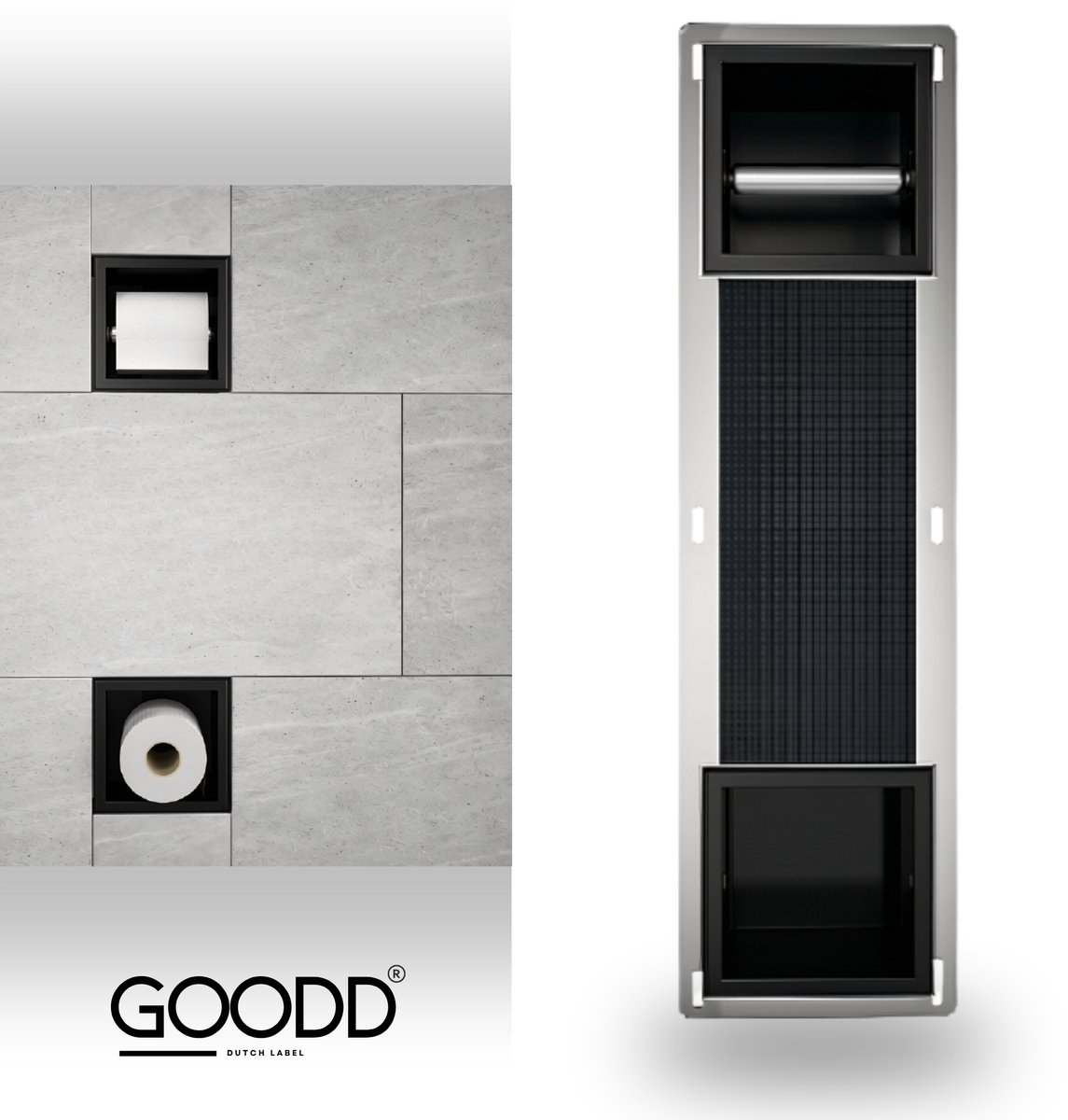 GOODD® - Toiletrolhouder Reserverolhouder inbouw - Zwart - Tegelbaar - RVS & Aluminium