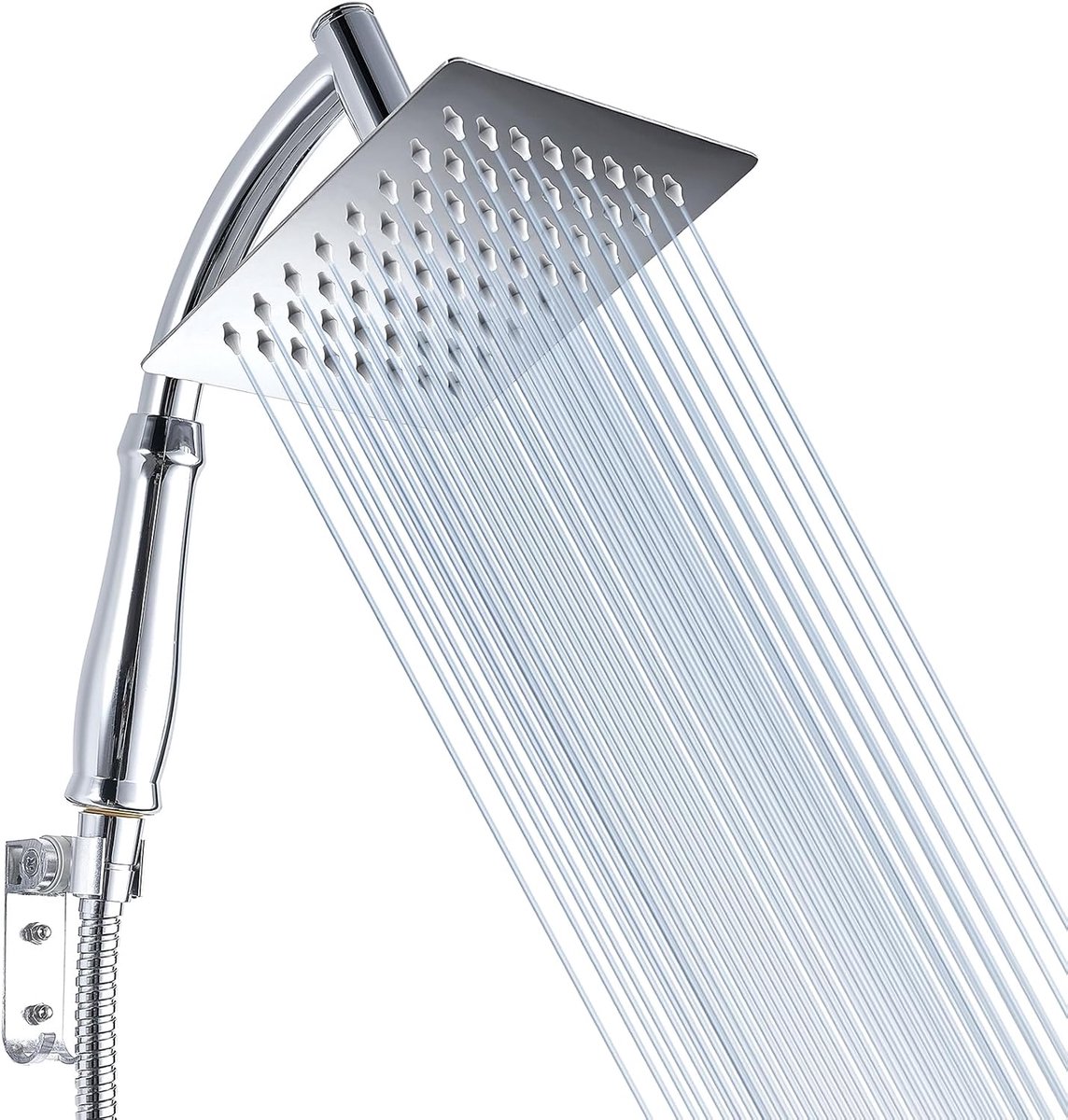 SnelShoppen - Regendouchekop met Handdouche, Hoge Druk RVS Doucheset, 15cm Vierkante Waterdouchekop met Verlengarm en Beugels, Chroom