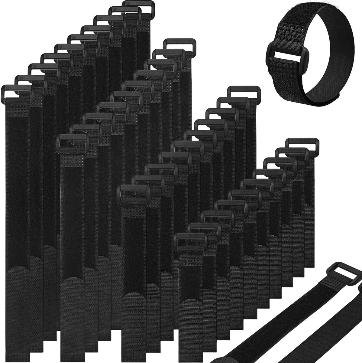 SnelShoppen - Klittenband Kabelbinder 40 Stuks Hersluitbaar 2cm Breed Nylon Zwart, 4 Lengtes (150/200/250/300mm) voor Organisatie, Kabelbeheer en Crea