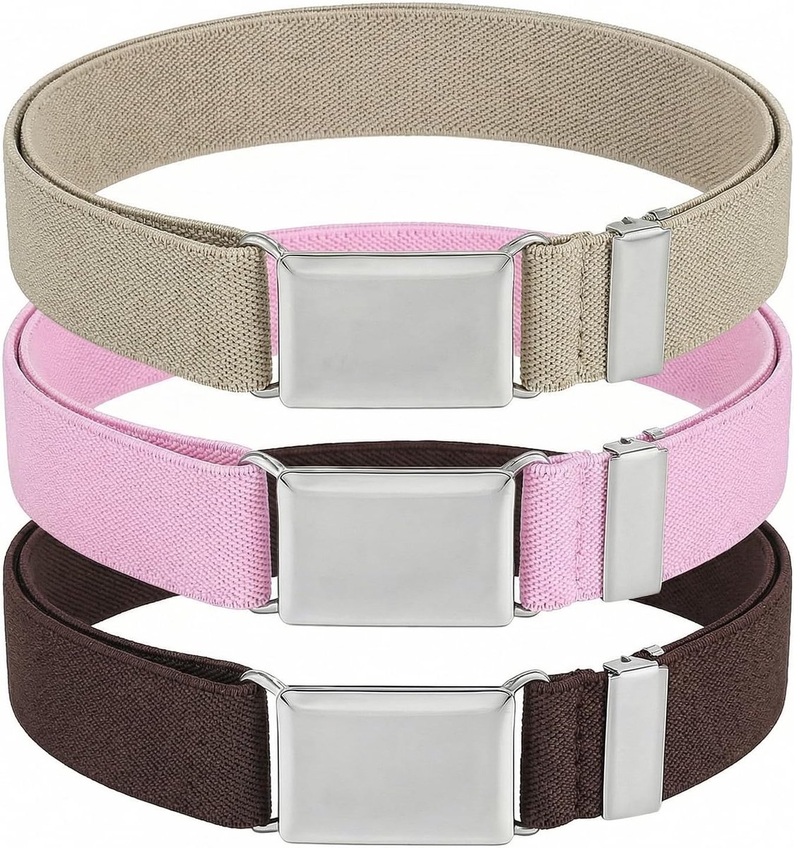 Kinderelastische riemen set van 3 - 2,5 x 74 cm - verstelbare riem met zilveren vierkante gesp - ShopVlot