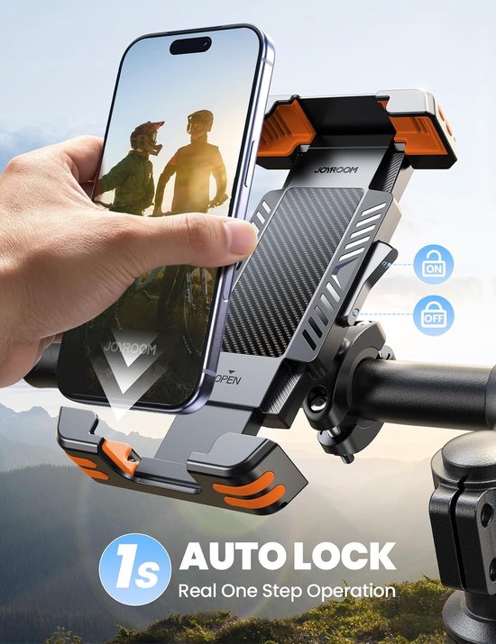 Fiets- en motorsteun voor smartphones – oranje telefoonhouder met verstelbare grip en anti-slip functie — afbeelding 3