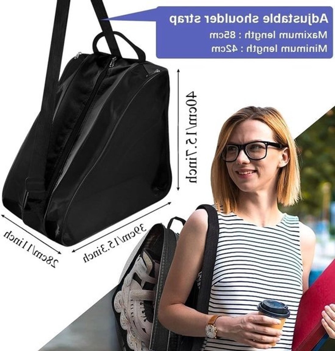 Dailygoods - Tas Volwassenen Rolschaatsentas Zwart IJsschaats Hockey Tas Skischoenentas met verstelbare draagriem