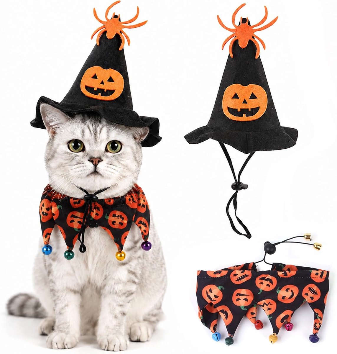2 stuks, Halloween-kostuum, kat, heksenhoed en halsband met belletje (B)