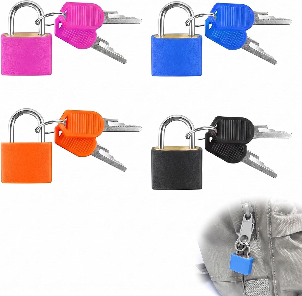 Set van 4 hangsloten met sleutel, robuuste messing kern, compacte, roestvrije sloten (zwart/rood/oranje/blauw) voor koffer, rugzak en kluisje