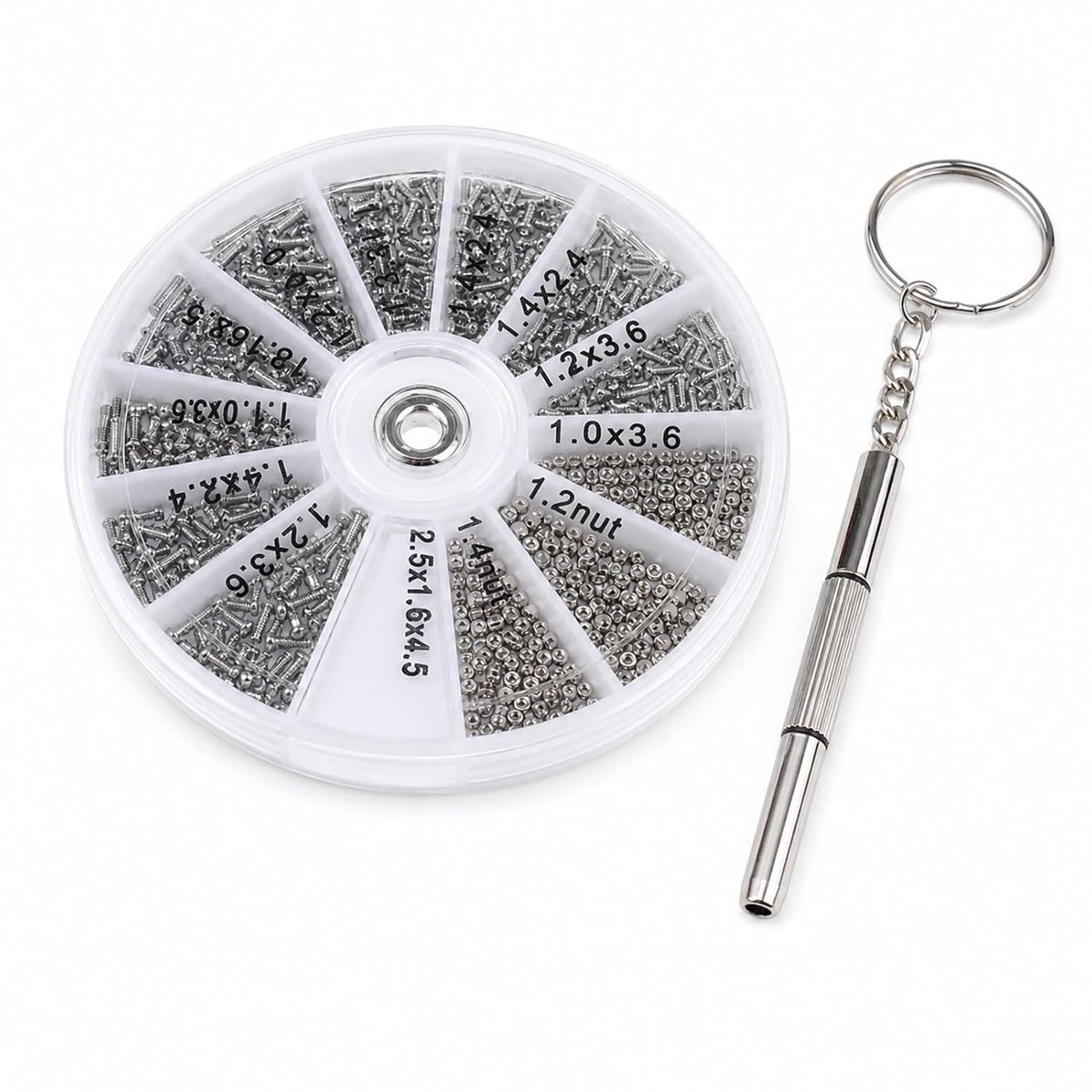 600 stuks roestvrijstalen schroeven met moerset, 12 maten M1 M1.2 M1.4 M1.6 kleine schroeven met moeren, inclusief mini-schroevendraaier, reparatieonderdelen voor brillen, horloges