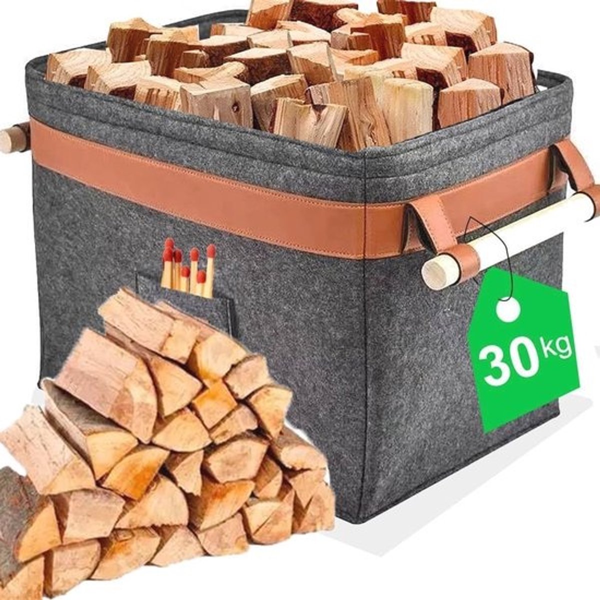 Houten opbergmand met vilten tas - 42 x 32 x 32 cm, 43 liter - voor boodschappen en kranten