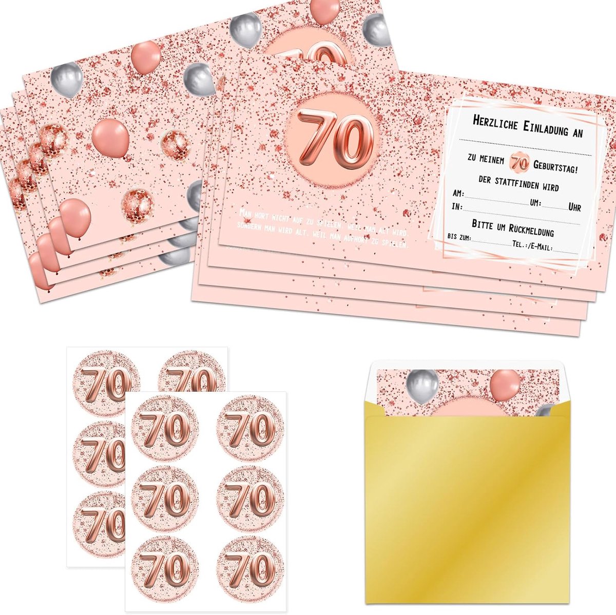 12 uitnodigingskaarten voor 70e verjaardag met 12 enveloppen en 12 stickers