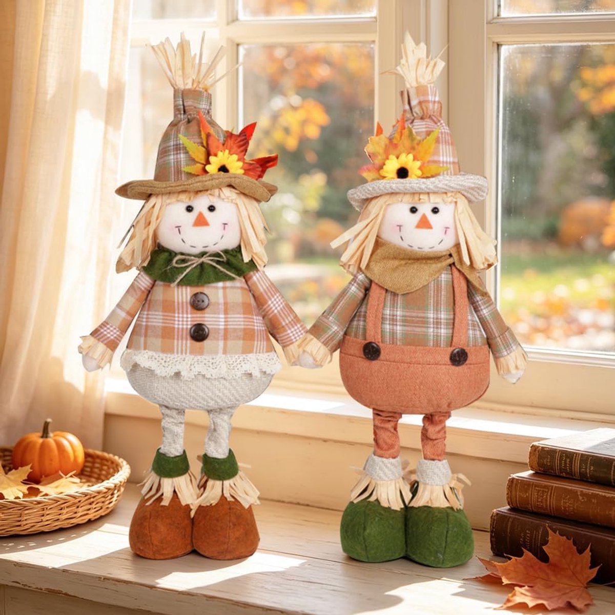 Set van 2 staande vogelverschrikkers, 54 cm, decoratieve herfstverschrikker, vogelverschrikkerdecoratie met intrekbare poten, accessoires voor Thanksgiving, Halloween en babyfeest, huis en tuin