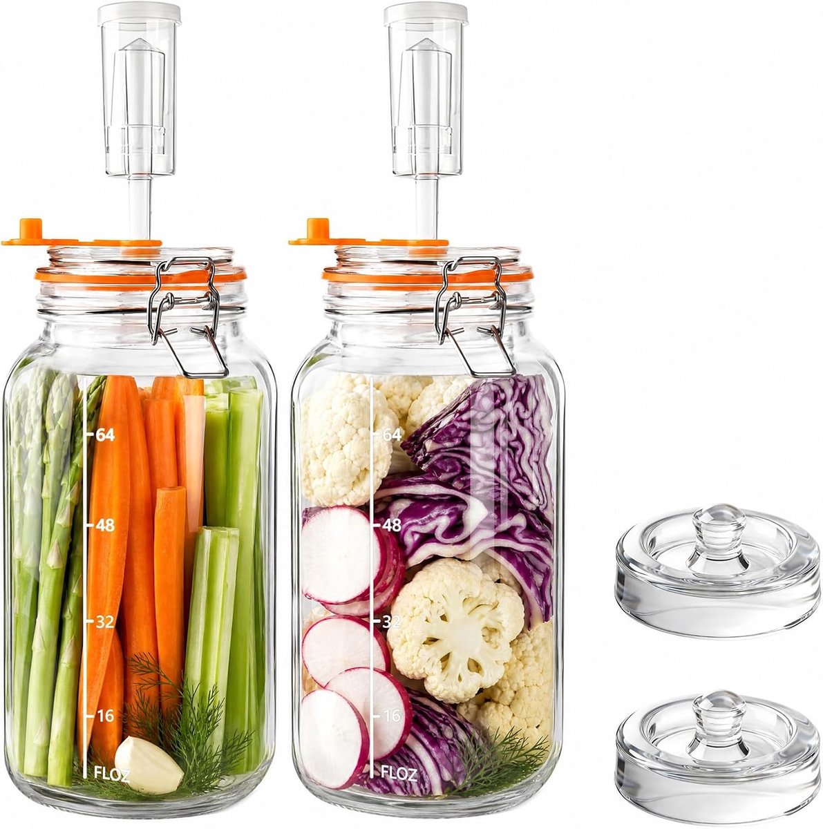 Set van 2 fermentatieglazen van 1,8 l, fermentatieglas met gisting en gewicht, gistglas met schaallijnen voor zuurkool, kimchi, kombucha en augurken