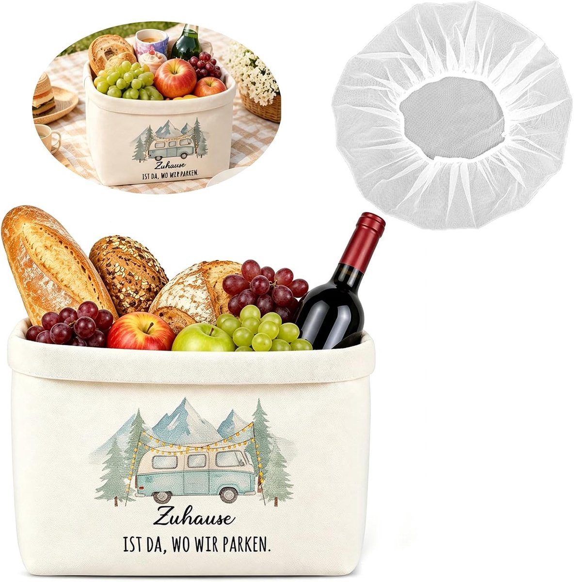 2-delige set broodmanden stof inclusief vliegenkap, campingaccessoires, caravan, cadeau voor housewarming, brood en zout, cadeau voor een housewarming, broodmand 37 cm
