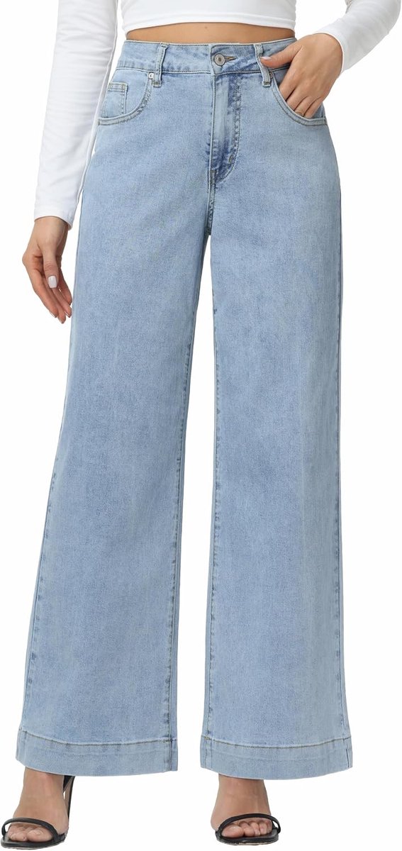 Jeans met wijde pijpen, baggy stretch, hoge taille, jeansbroek met zakken