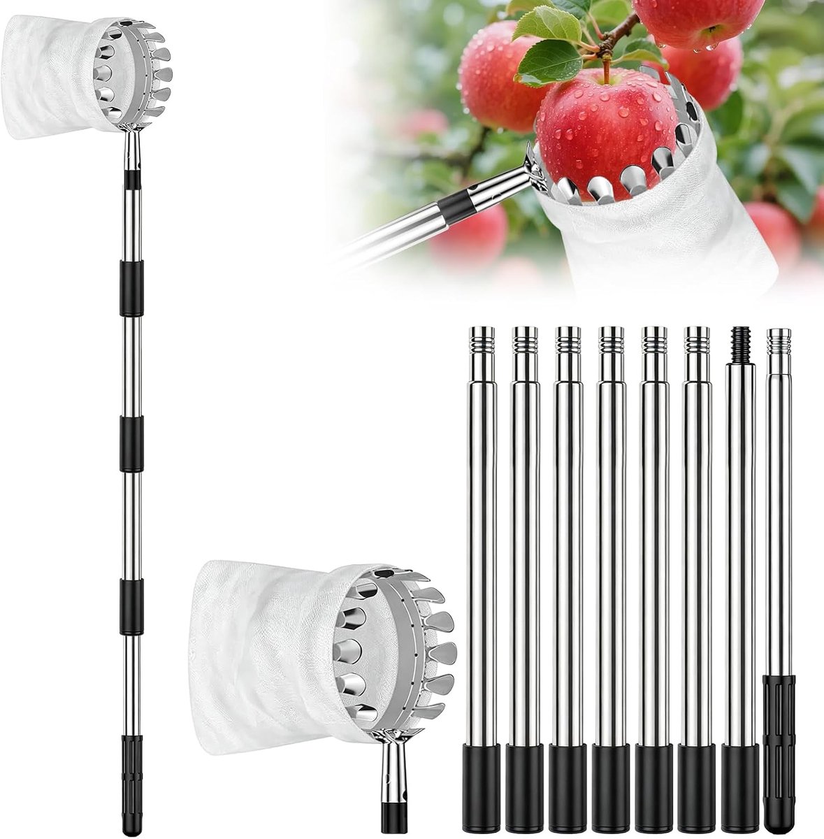 Fruitplukker met telescoopsteel, 3,2 m, 8 segmenten, kersenplukker met telescoopsteel en katoenen zak, Ø 22 mm, roestvrij staal, ergonomische fruitplukker voor kersen, appel, peer