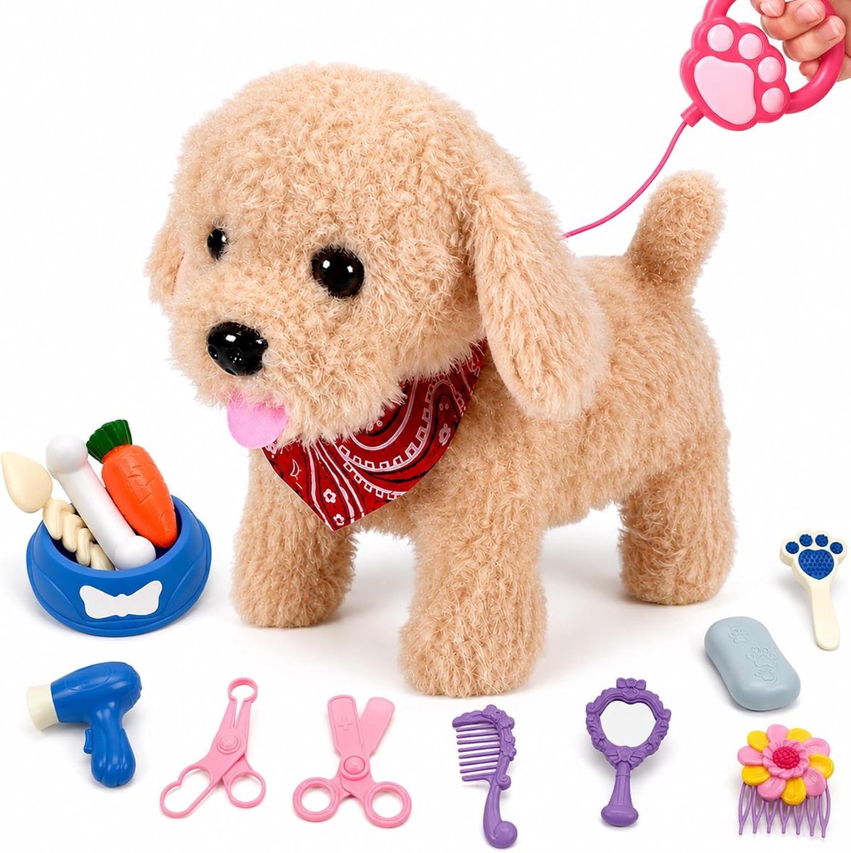 Hondenspeelgoed van pluche: realistisch blaffen, bewegende staart, verzorgingsset, voor kinderen van 3 tot 6 jaar (bruine puppy)