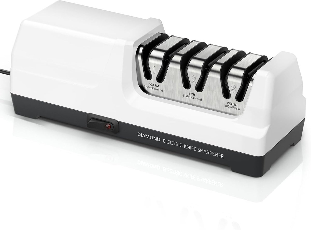 Electric Knife Sharpener with 100% Diamond, Professional 3-Step 20 Degree Kitchen Knife Sharpener with Precision Angle - ShopVlot