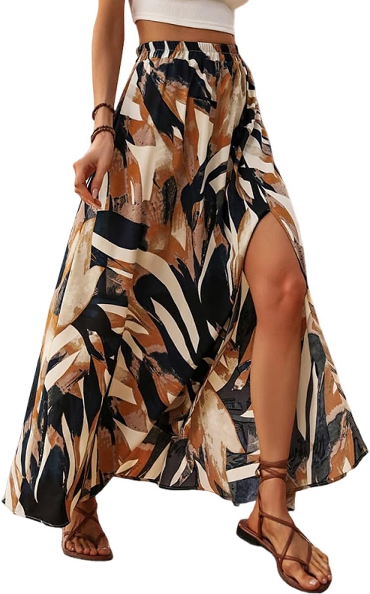 ABINGOO Lady Skirt Long Summer Skirt A-Line Maxi Skirt Elastic High Waist Side Slit Floral Print Casual Boho Beach - ShopVlot