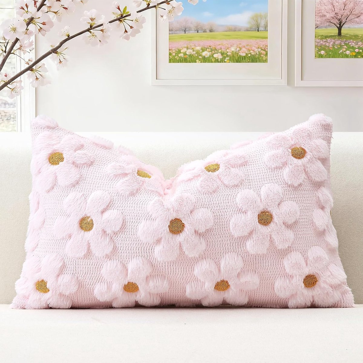 SnelShoppen - Decoratieve Kussenhoezen Wol Bloemen Pluche Velvet 30 x 50 cm Roze Voor Sofa Slaapkamer Lente Zomer