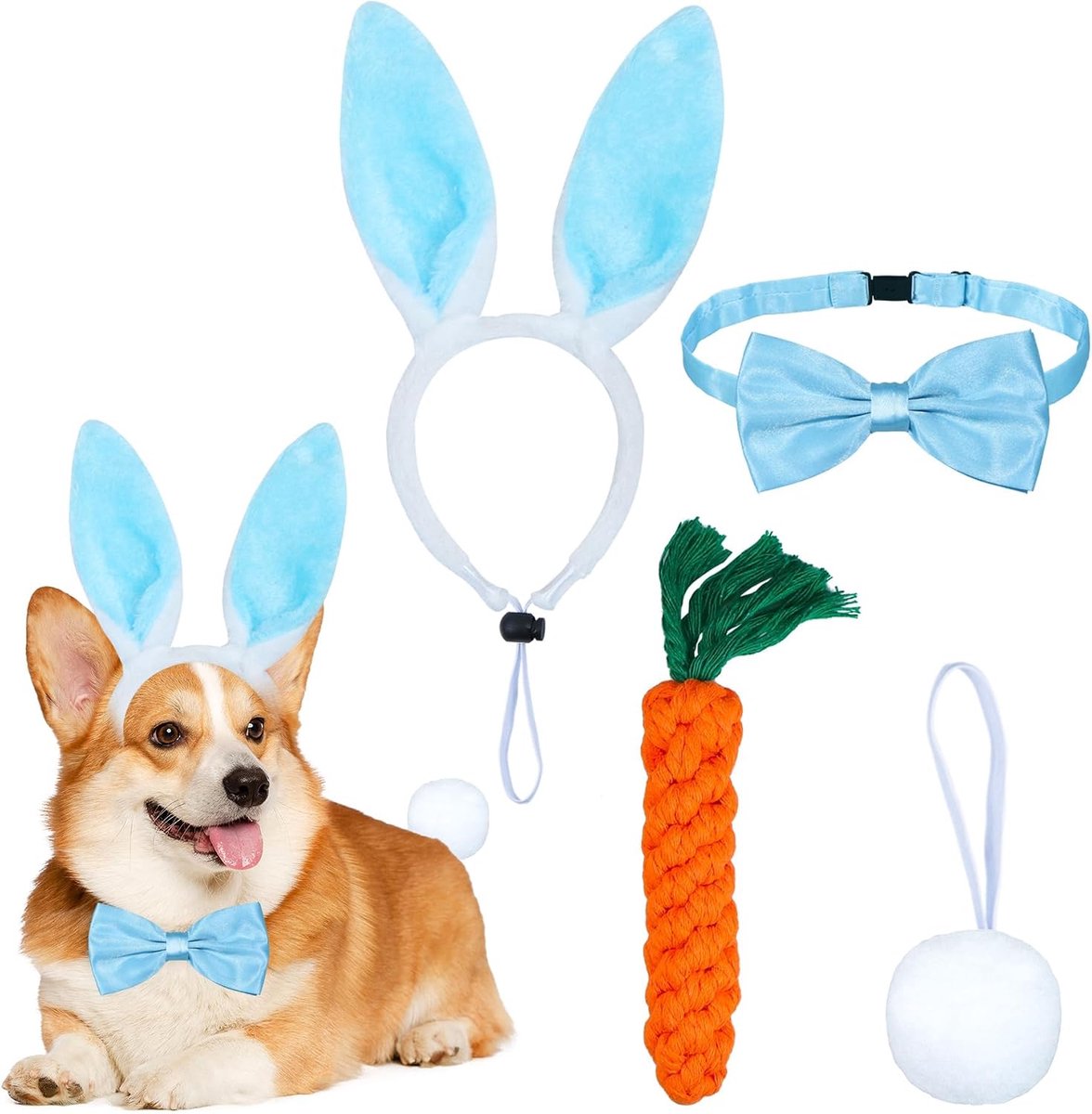 Dog Rabbit Ears Headband, 4 Pieces Hare Ears Hair Band with Bow Tie Tail Root Adjustable Headdress Hair Band Dog - ShopVlot
