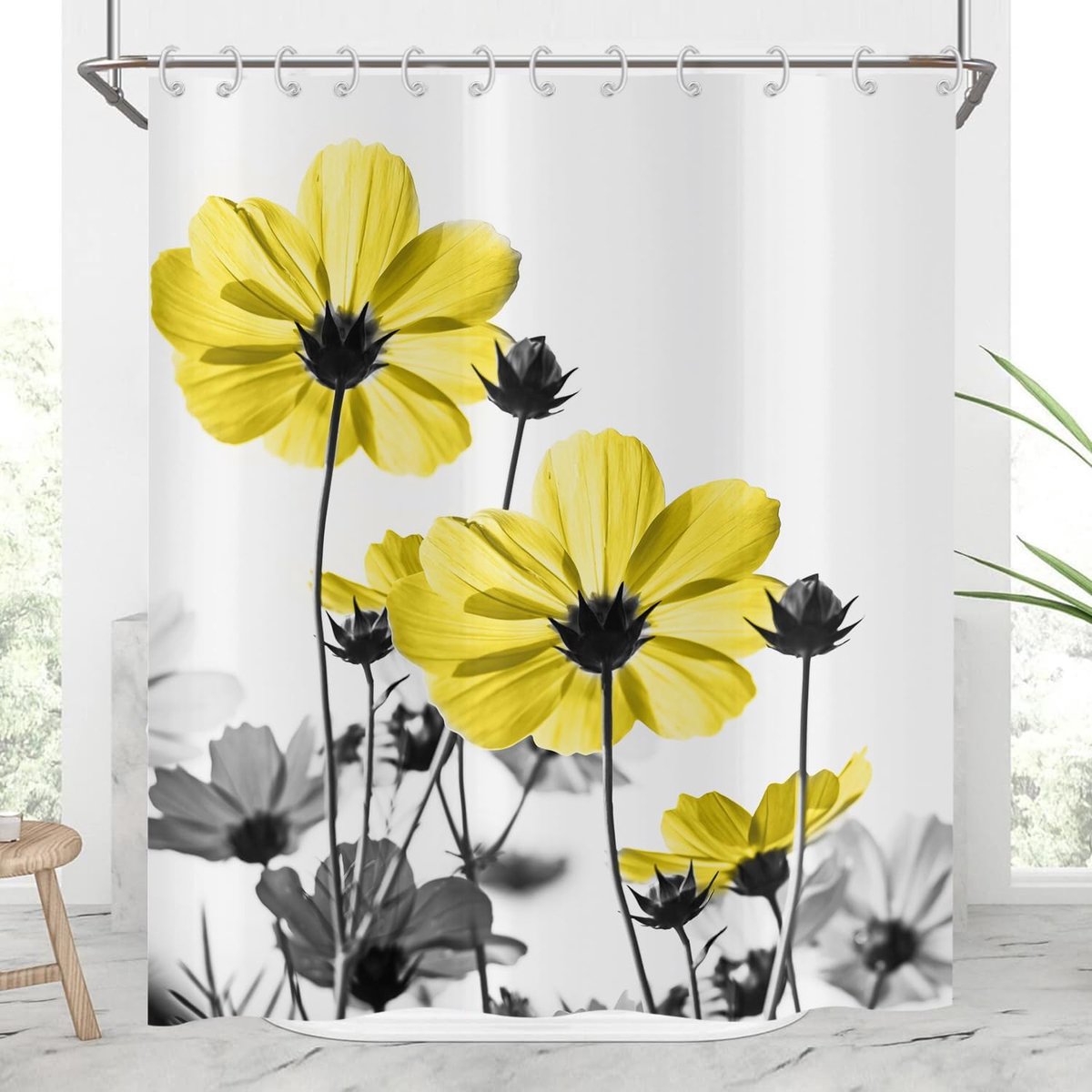 Douchegordijn, bloemen, 180 x 200 cm, geel en grijs, madeliefje, elegant, wilde bloem, boerderij, design, waterdicht - ShopVlot
