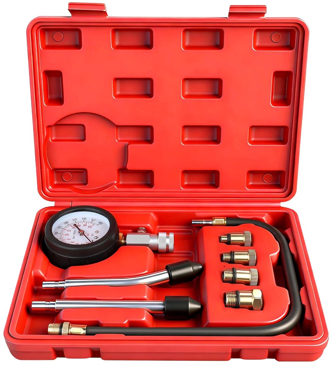 ASUNCELL Compressietester voor motor, dubbele schaal, manometer met slang, rechte en gebogen verlengstang + adapter - ShopVlot