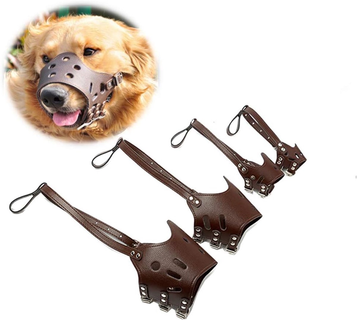 Leather Dog Muzzle Dog Training Muzzle Leather Dog Mouth Adjustable Muzzle Breathable for Small Medium Large Dogs (S) - ShopVlot