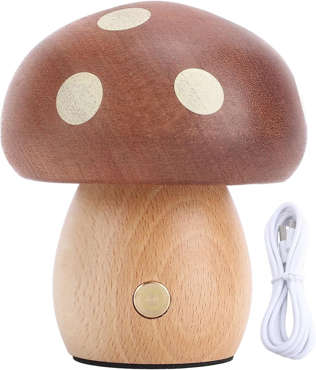 Sfeervolle Paddenstoel LED Tafellamp met Houten Basis en Warm Licht - Oplaadbare Bedlamp met Traploze Dimming voor Slaapkamer en Huisdecoratie