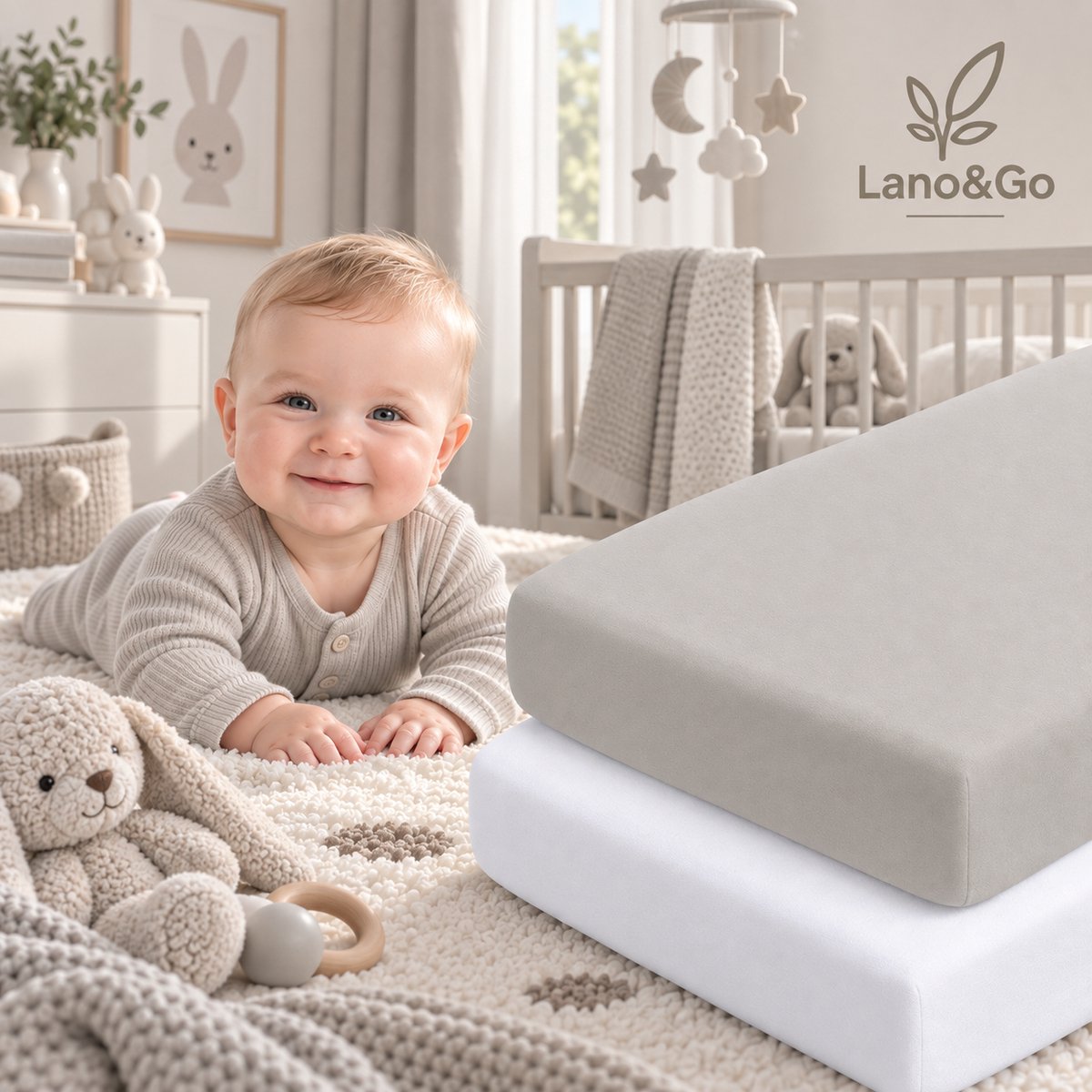 Lano&Go Set van 2 Hoeslakens 60x120 cm Babybed – Oeko-Tex Katoen – Grijs/Wit