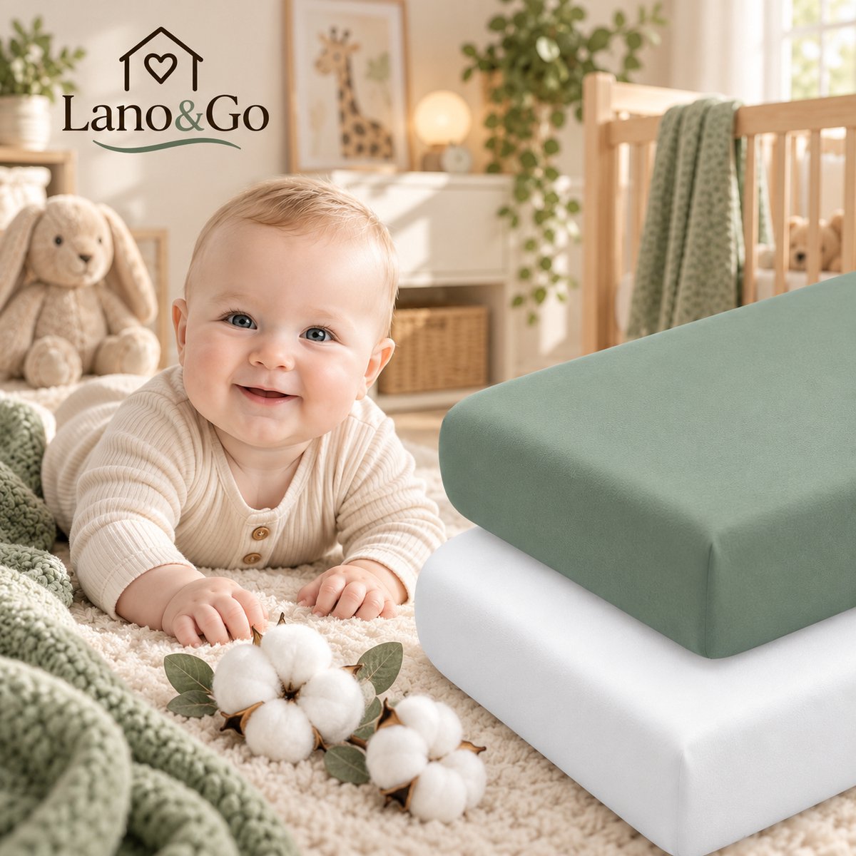 Lano&Go Set van 2 Hoeslakens 60x120 cm Babybed – Oeko-Tex Katoen – Saliegroen/Wit