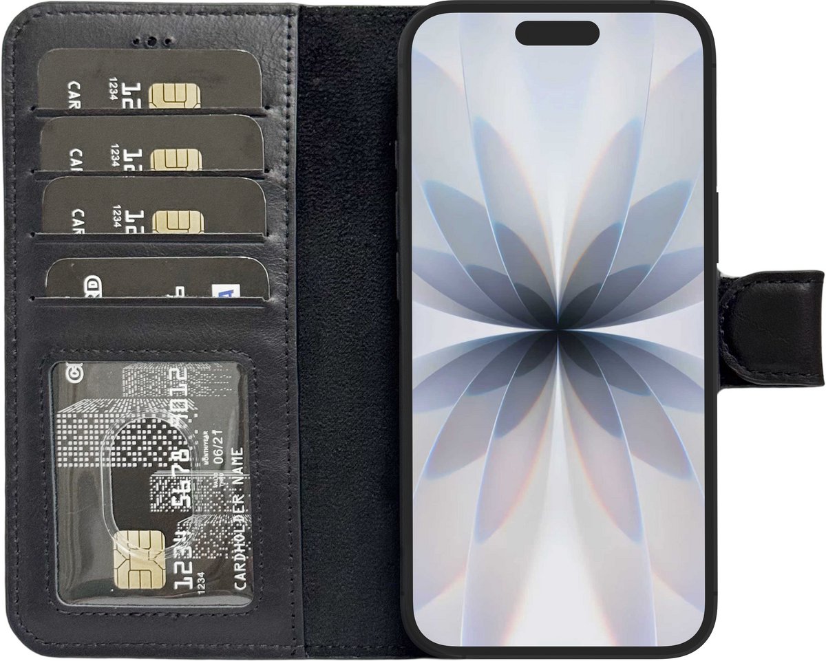 Lykke geschikt voor iPhone 17 Leren Wallet Hoesje – Echt Leer – Magnetisch Afneembaar – MagSafe Compatibel – Pasjeshouder – Zwart