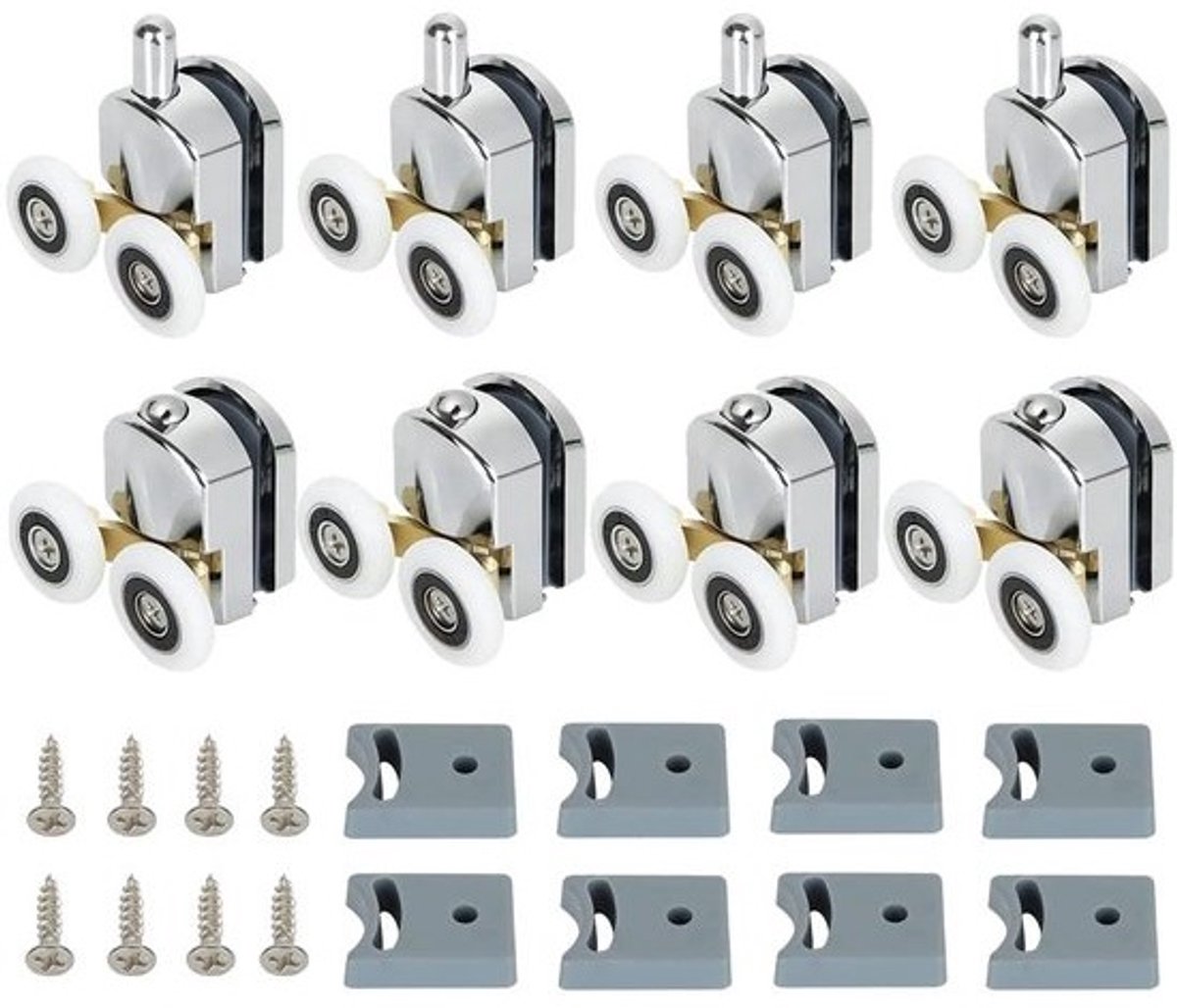 Set van 8 douchedeurrollers - 23 mm - verstelbare hoogte - zwenkwielen - zinklegering en messing - nylon wielen - badkameraccessoires - vervangende rollers