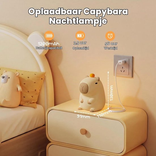 Capybara Nachtlampje voor Kinderen – Oplaadbare Dimbare Babykamerlamp met Aanraakbediening – Voedselveilig Siliconen Tafellamp voor Borstvoeding, Bedtijd & Kinderkamer – Cadeau — afbeelding 4